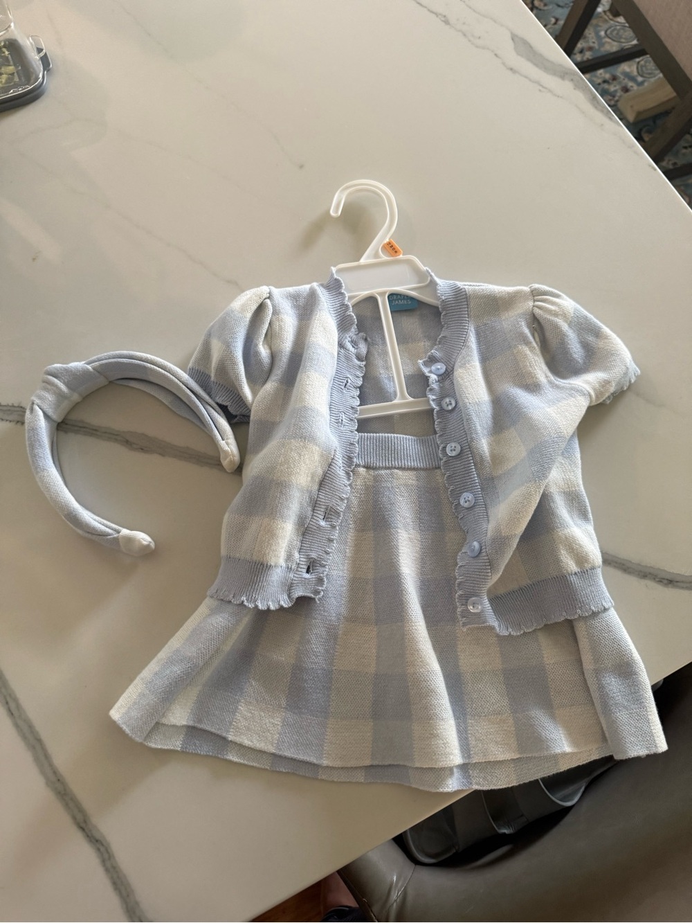 Draper James Baby Girl Blue and Cream Plaid Knit Dress Set with Headband
